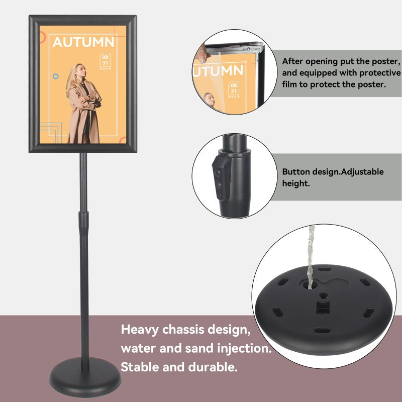 YDisplay Adjustable Sign Holder Stand with Base 11x17inches Aluminum Snap Open Frame Pedestal Sign Stand,Vertical and Horizontal View Sign Displayed, Round Base for Church Shool Office,Black - Image 3